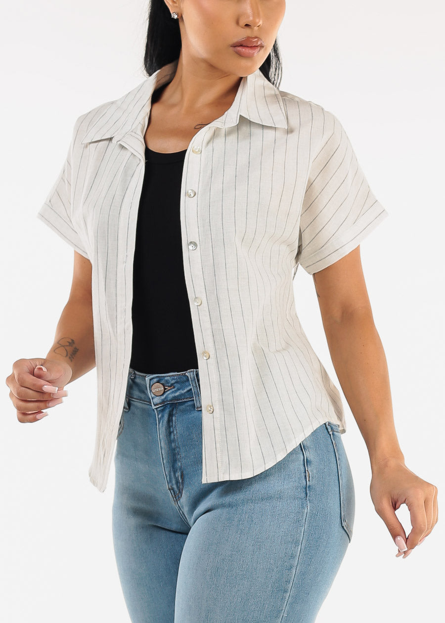 Cotton Short Sleeve Stripe Button Up Blouse Off White
