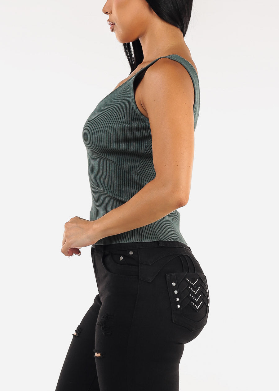 Stretchy Sleeveless Vneck Ribbed Top Dark Green