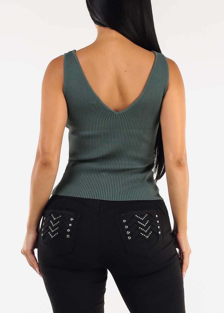 Stretchy Sleeveless Vneck Ribbed Top Dark Green