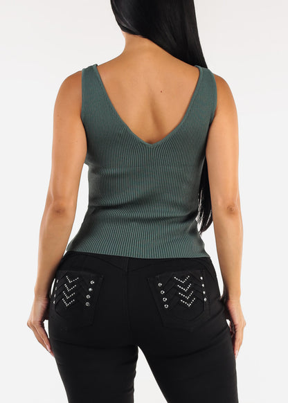 Stretchy Sleeveless Vneck Ribbed Top Dark Green