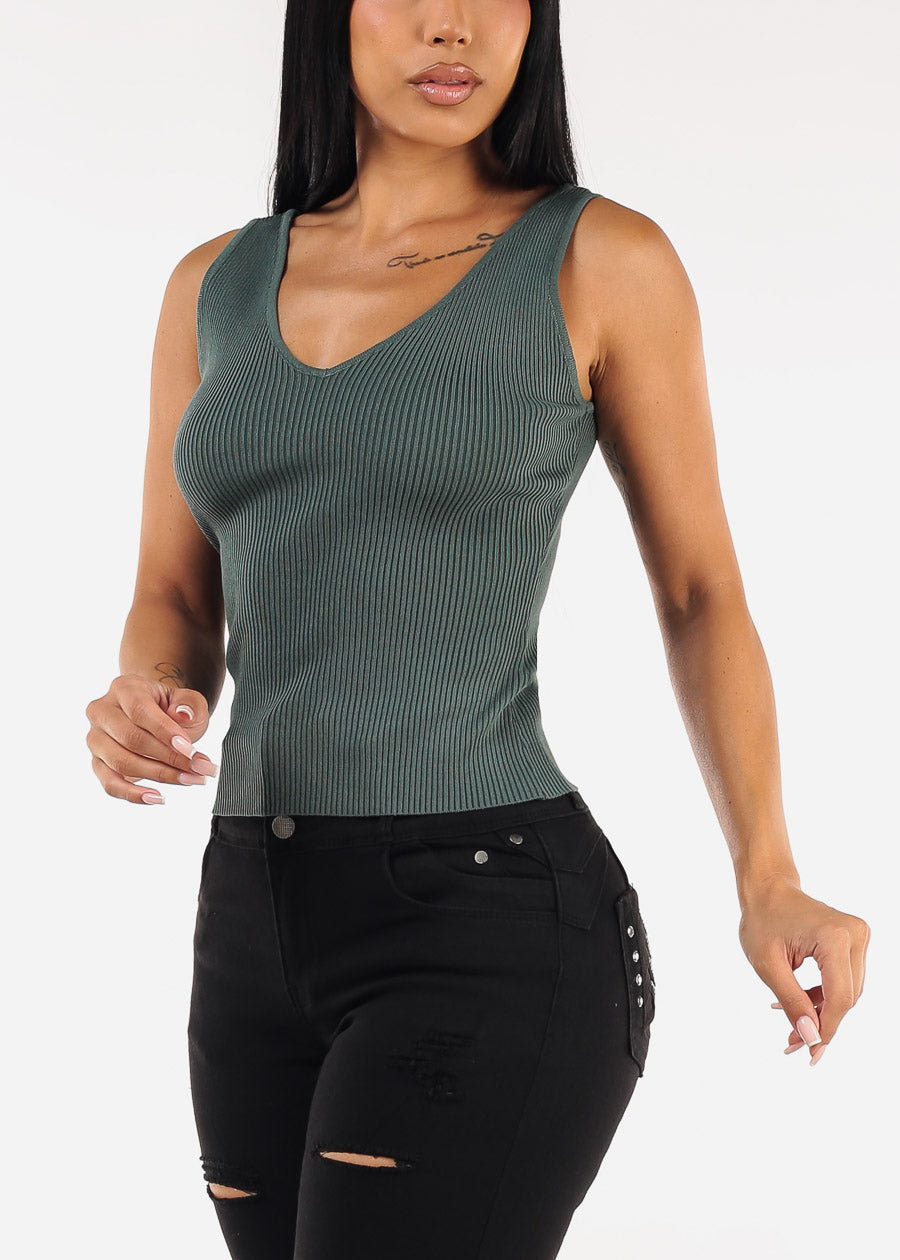 Stretchy Sleeveless Vneck Ribbed Top Dark Green