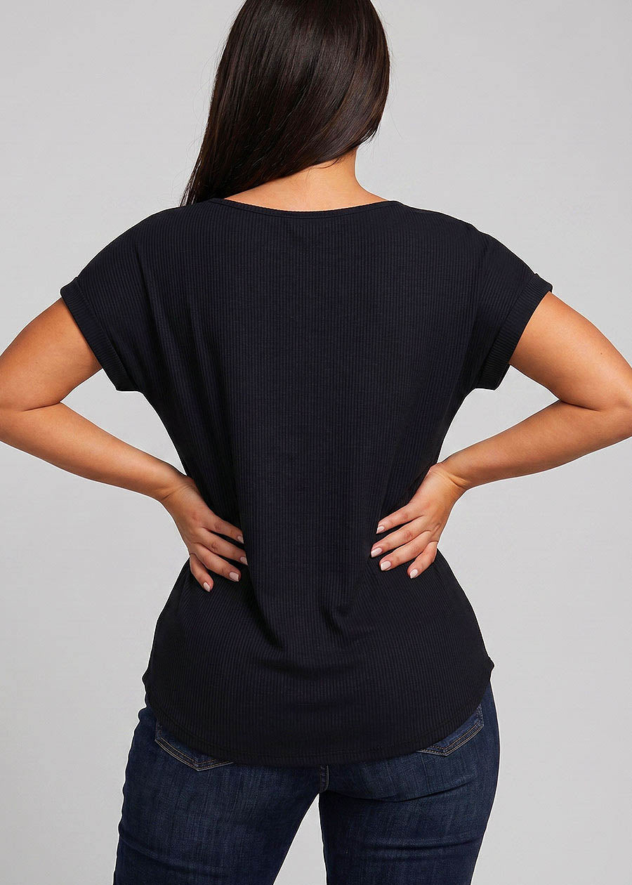 Stretchy Cap Sleeve Round Neck Ribbed Top Black