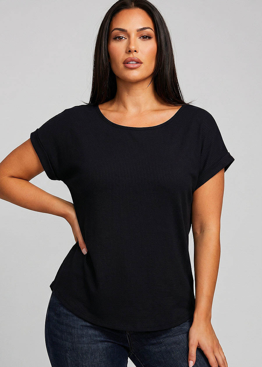 Stretchy Cap Sleeve Round Neck Ribbed Top Black