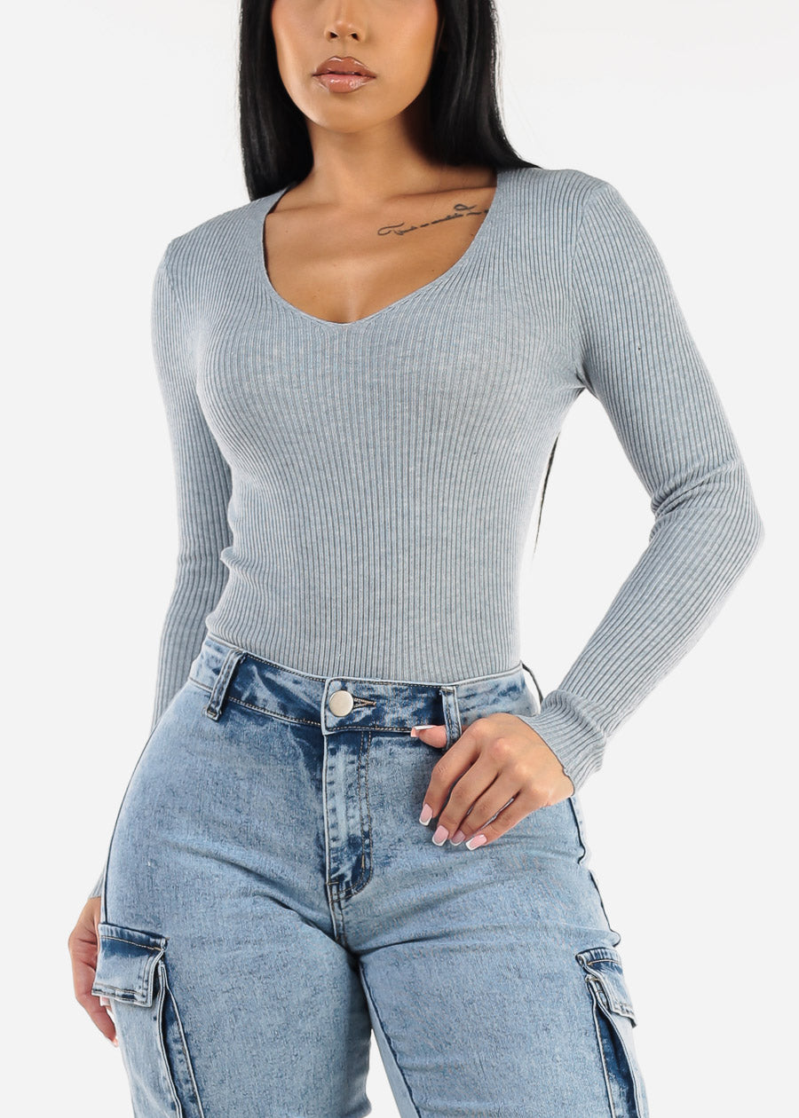 Long Sleeve Vneck Ribbed Sweater Top Heather Blue