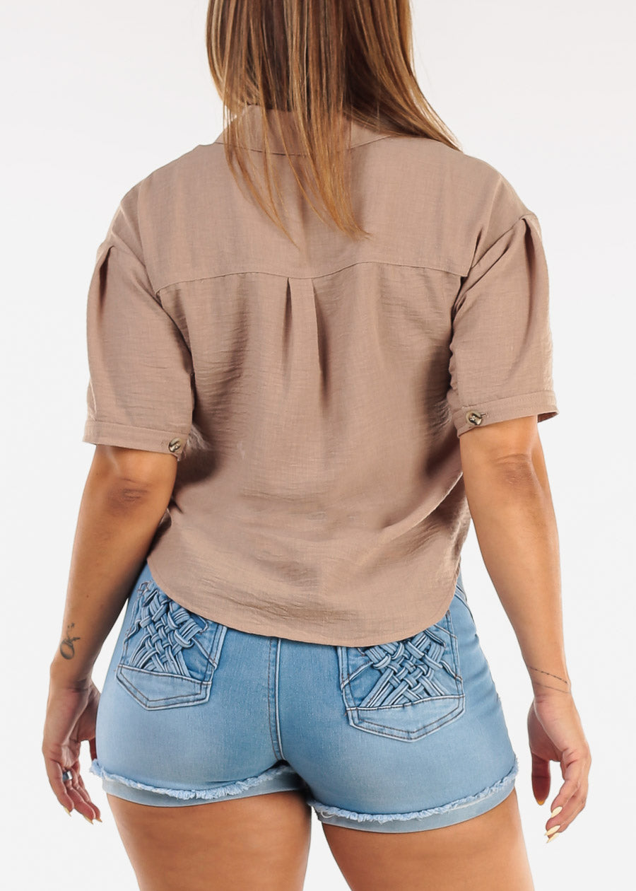 Short Sleeve Button Up Linen Style Blouse Tan