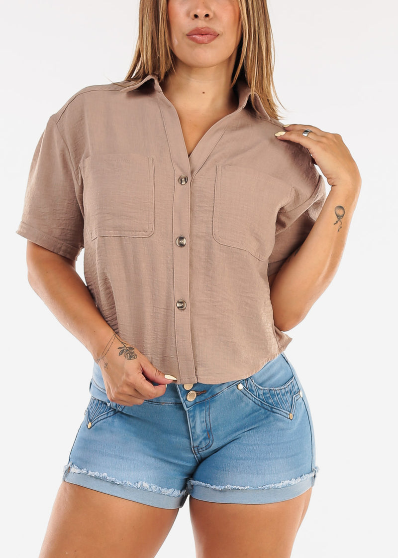 Short Sleeve Button Up Linen Style Blouse Tan