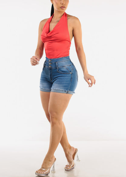 Halter Open Back Cowl Neck Bodysuit Red Orange