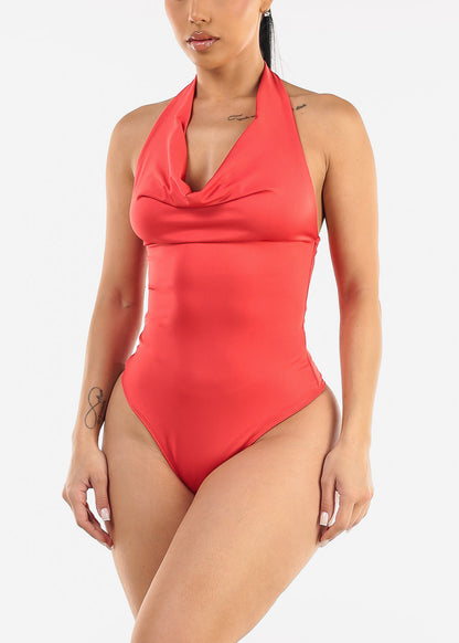 Halter Open Back Cowl Neck Bodysuit Red Orange