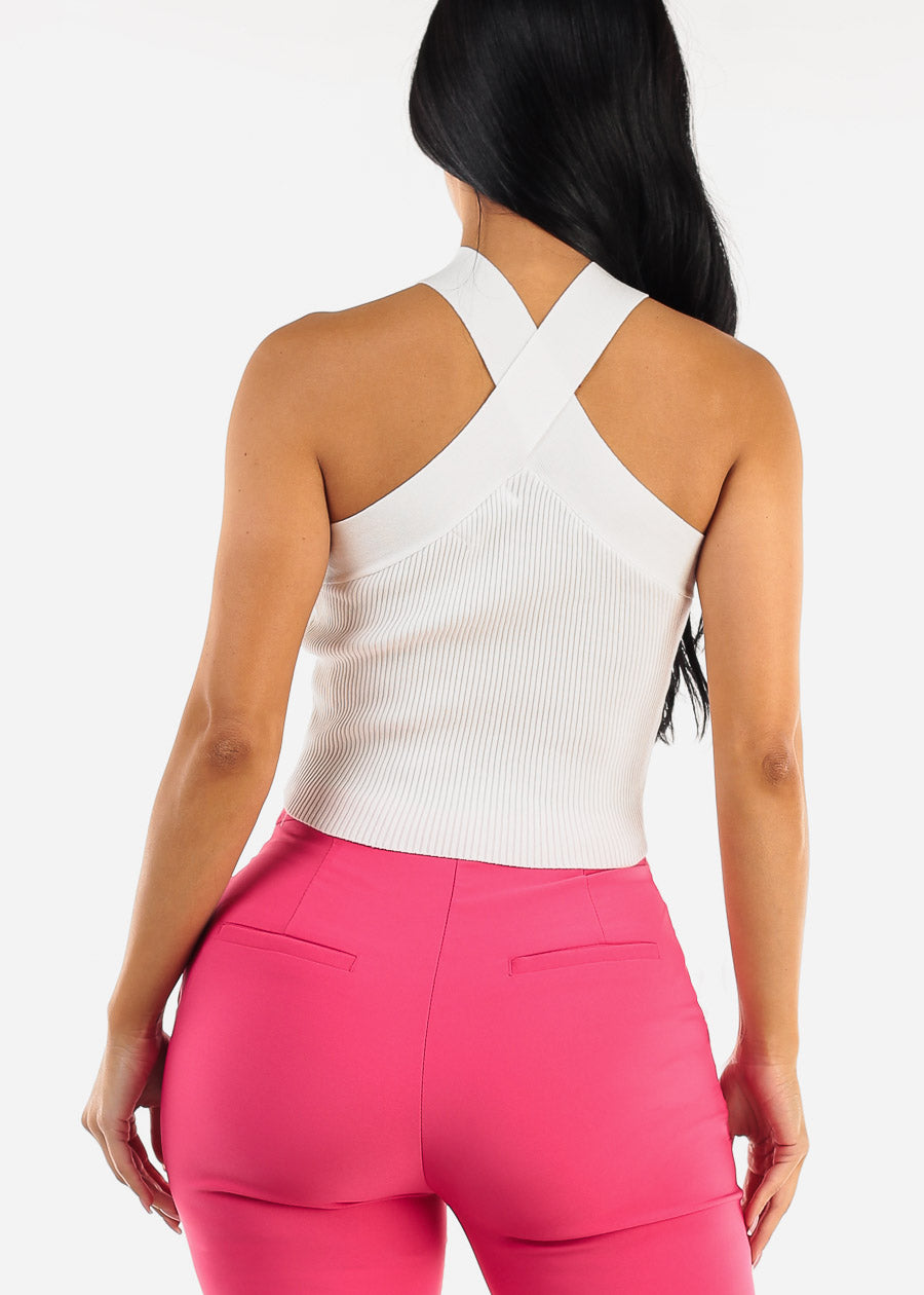 White Criss Cross Halter Ribbed Crop Top