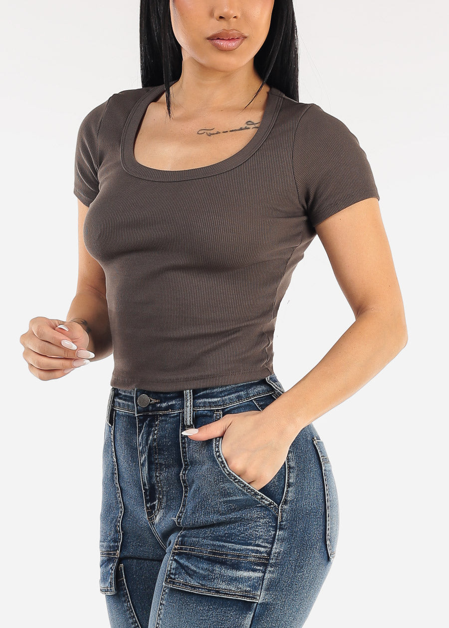 Short Sleeve Round Neck Stretch Cotton Crop Top Charcoal