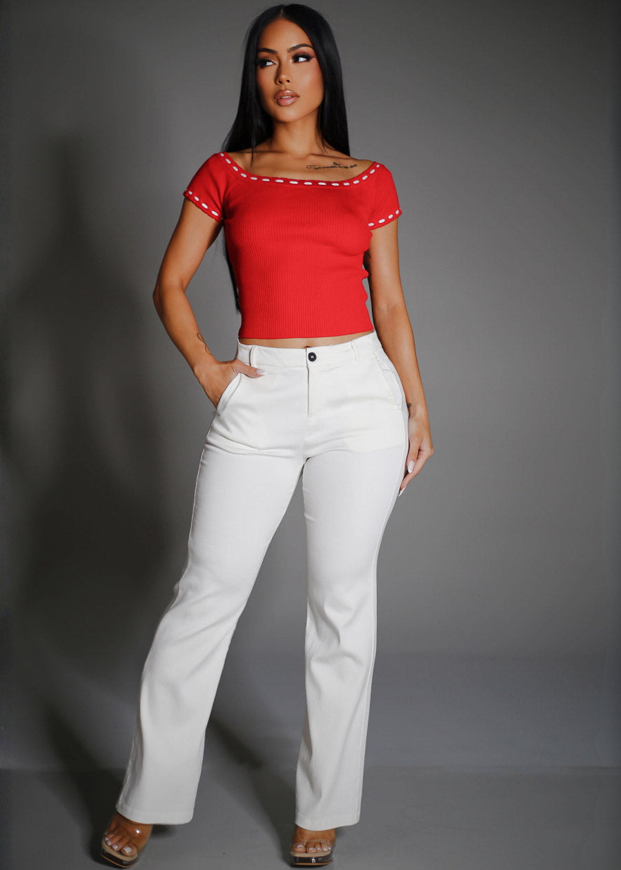 Stretch Off Shoulder Ribbed Top Red