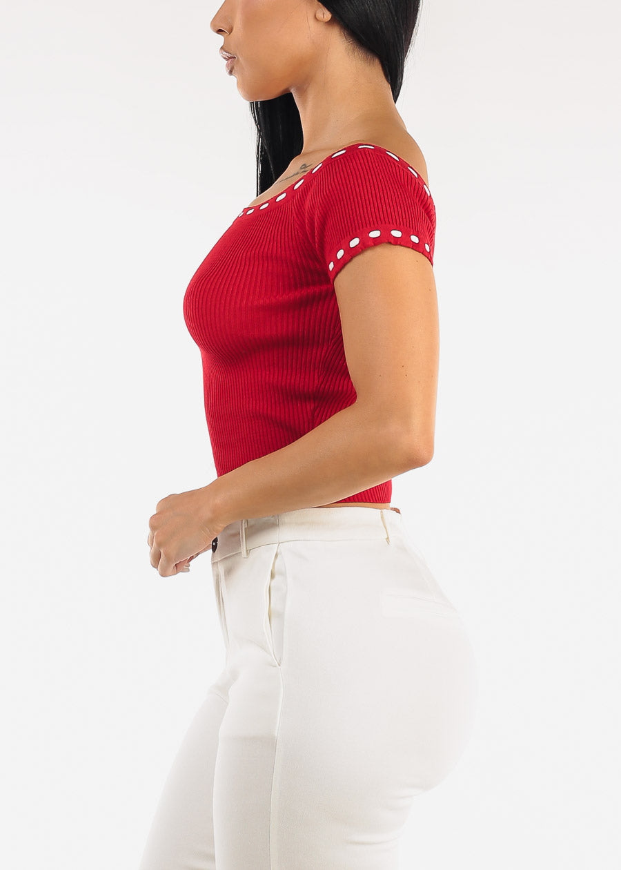 Stretch Off Shoulder Ribbed Top Red