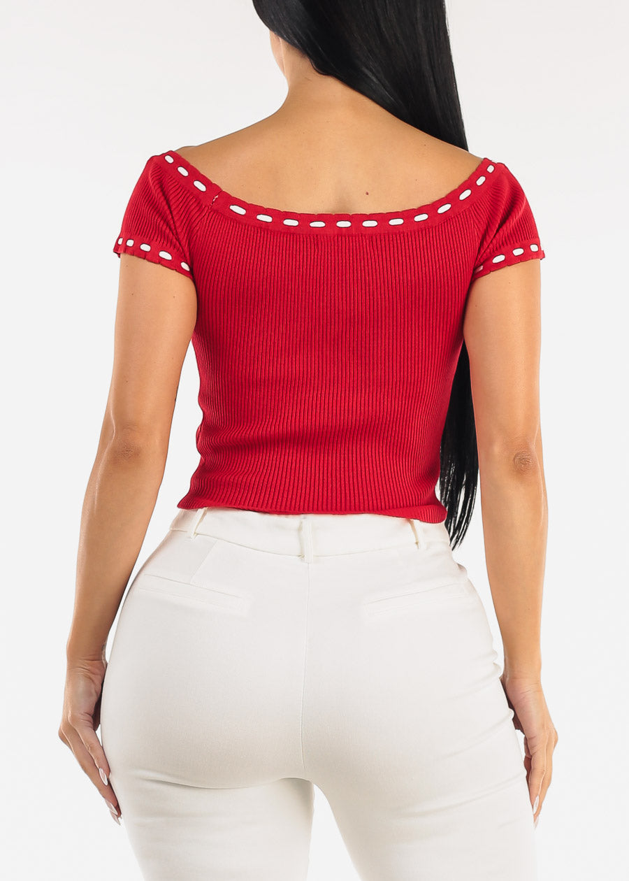 Stretch Off Shoulder Ribbed Top Red