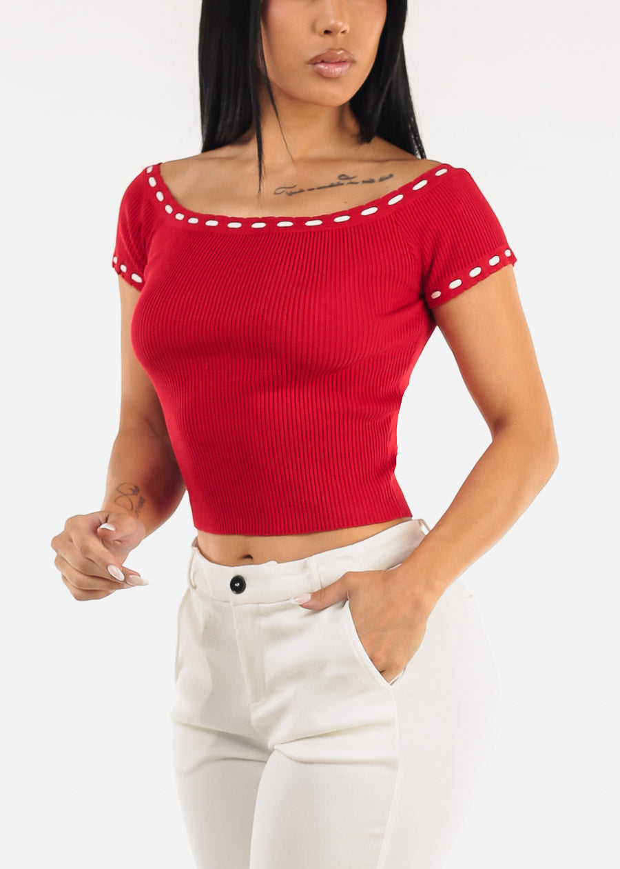 Stretch Off Shoulder Ribbed Top Red