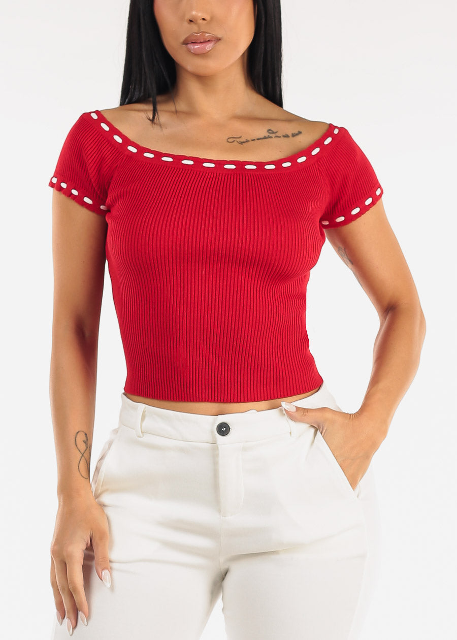 Stretch Off Shoulder Ribbed Top Red