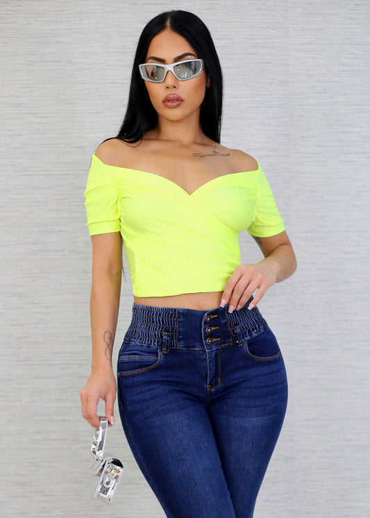 Short Sleeve Surplice Crop Top Neon Lime