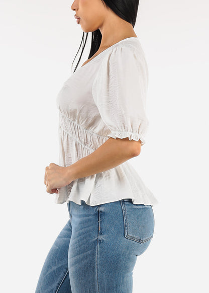 Short Sleeve Vneck White Blouse w Shirring Detail