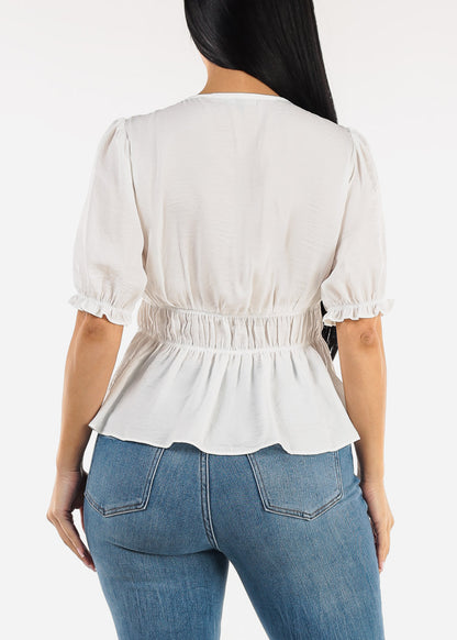 Short Sleeve Vneck White Blouse w Shirring Detail