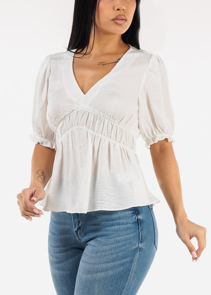 Short Sleeve Vneck White Blouse w Shirring Detail