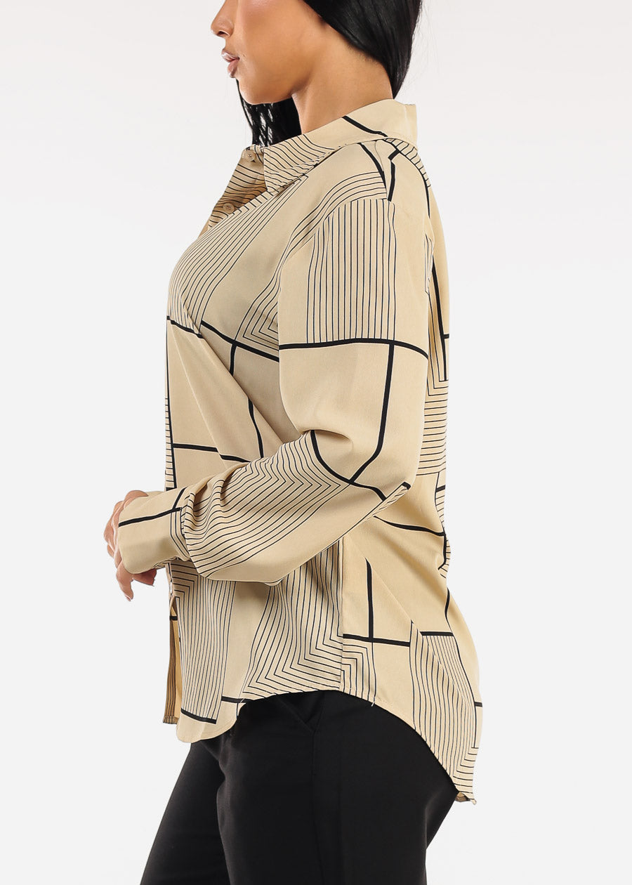 Long Sleeve Button Up Printed Collared Blouse Khaki