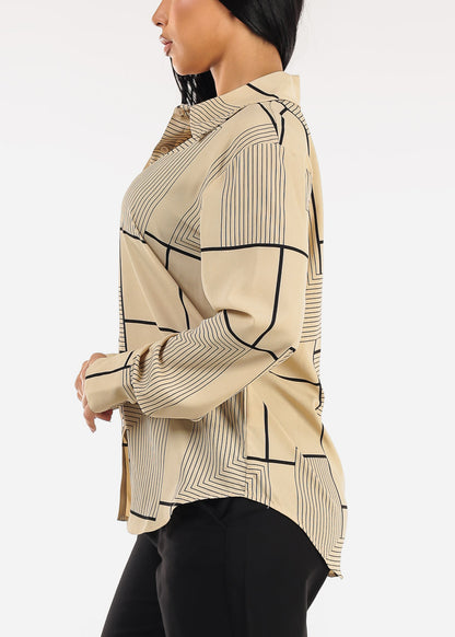 Long Sleeve Button Up Printed Collared Blouse Khaki