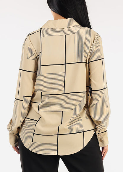 Long Sleeve Button Up Printed Collared Blouse Khaki
