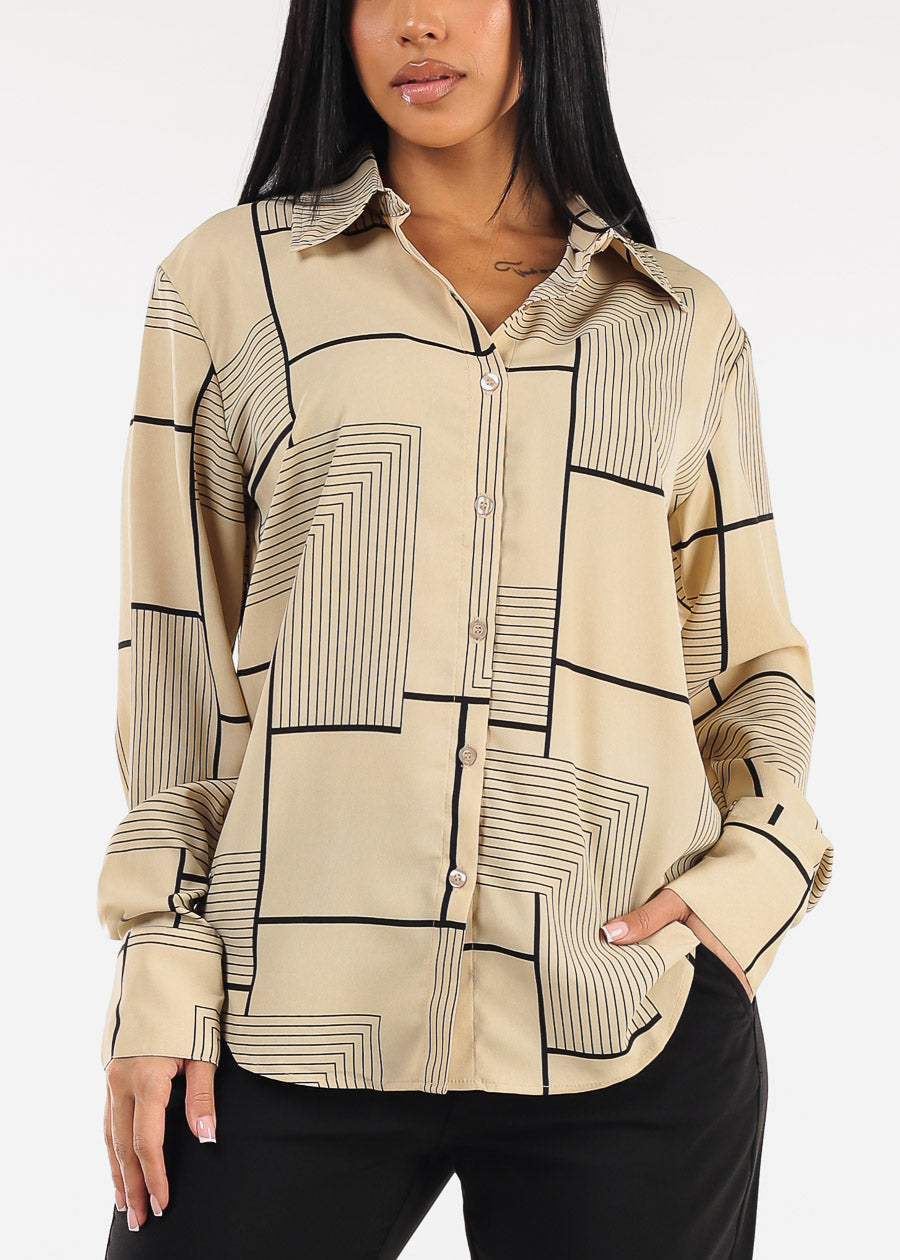 Long Sleeve Button Up Printed Collared Blouse Khaki