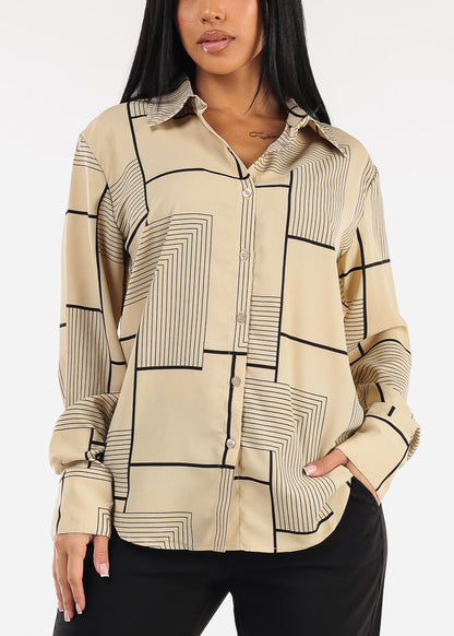 Long Sleeve Button Up Printed Collared Blouse Khaki