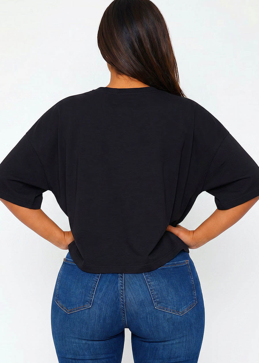 Short Sleeve Flowy Cotton Stretch Top Black