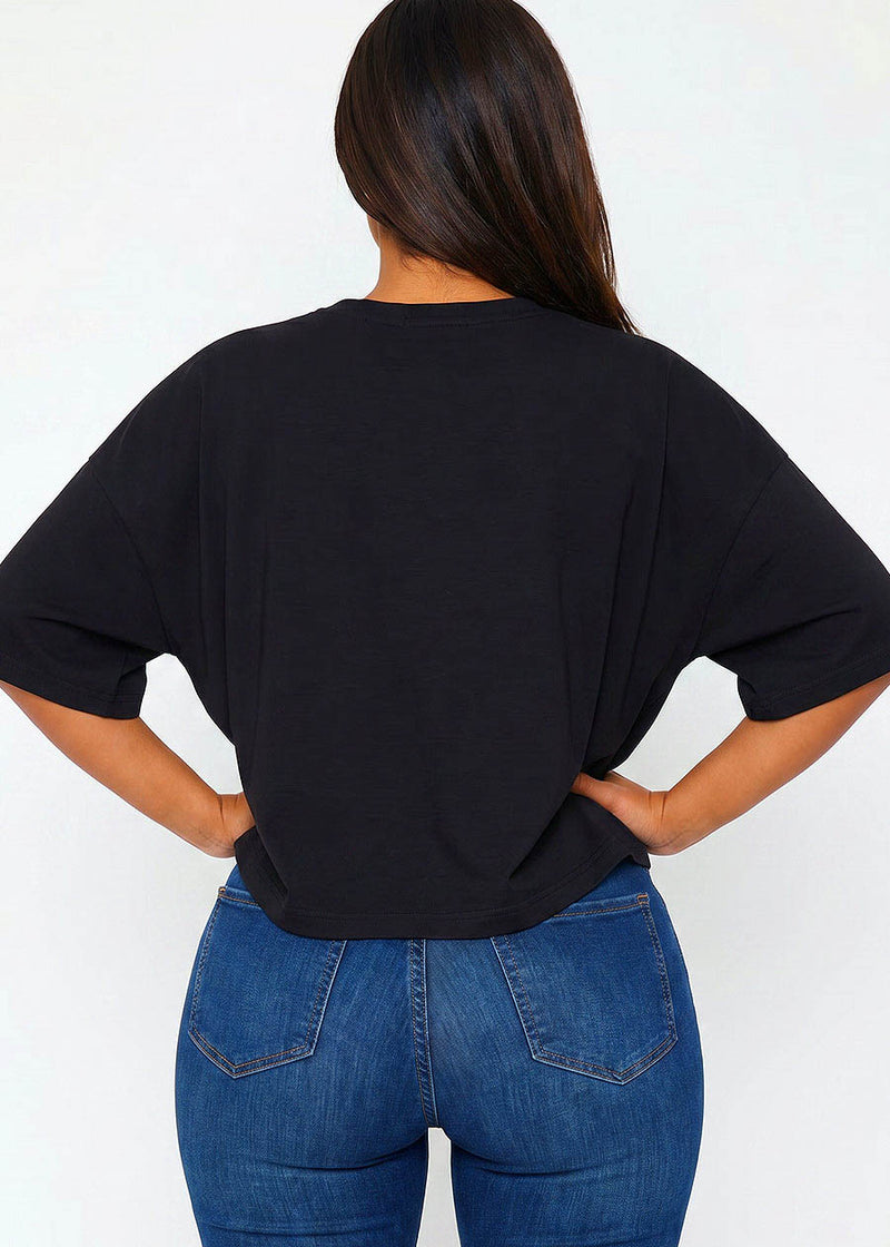 Short Sleeve Flowy Cotton Stretch Top Black