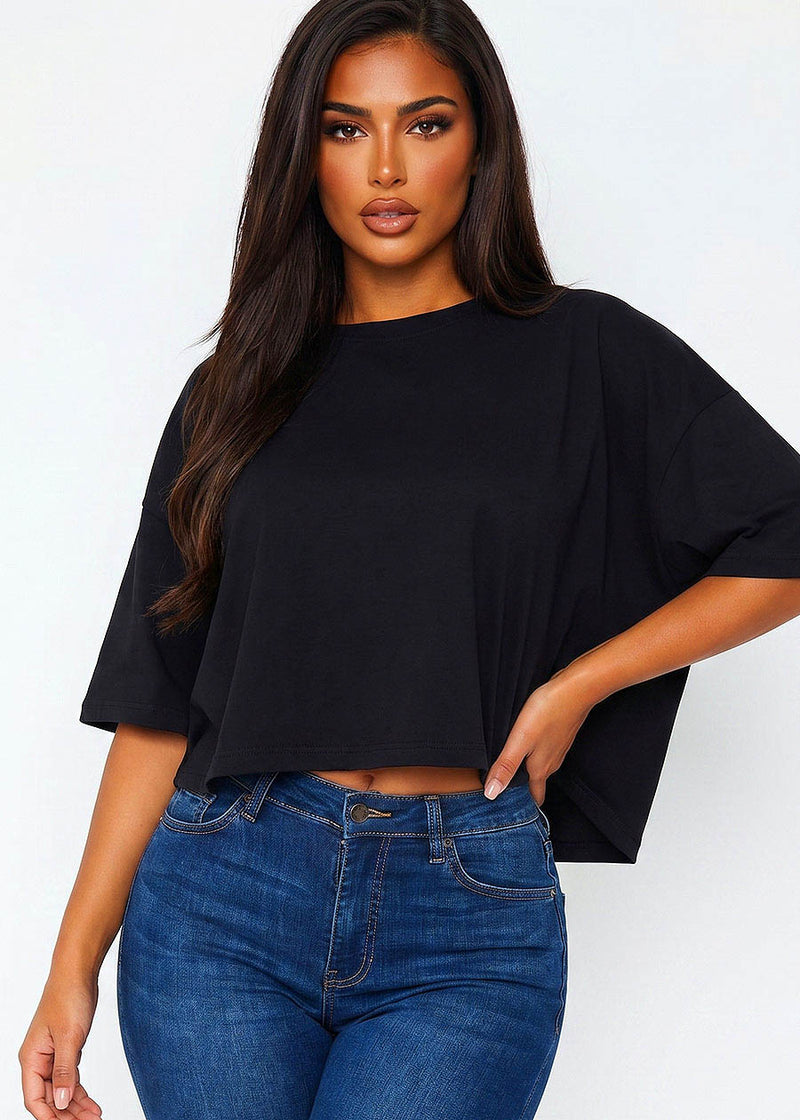 Short Sleeve Flowy Cotton Stretch Top Black