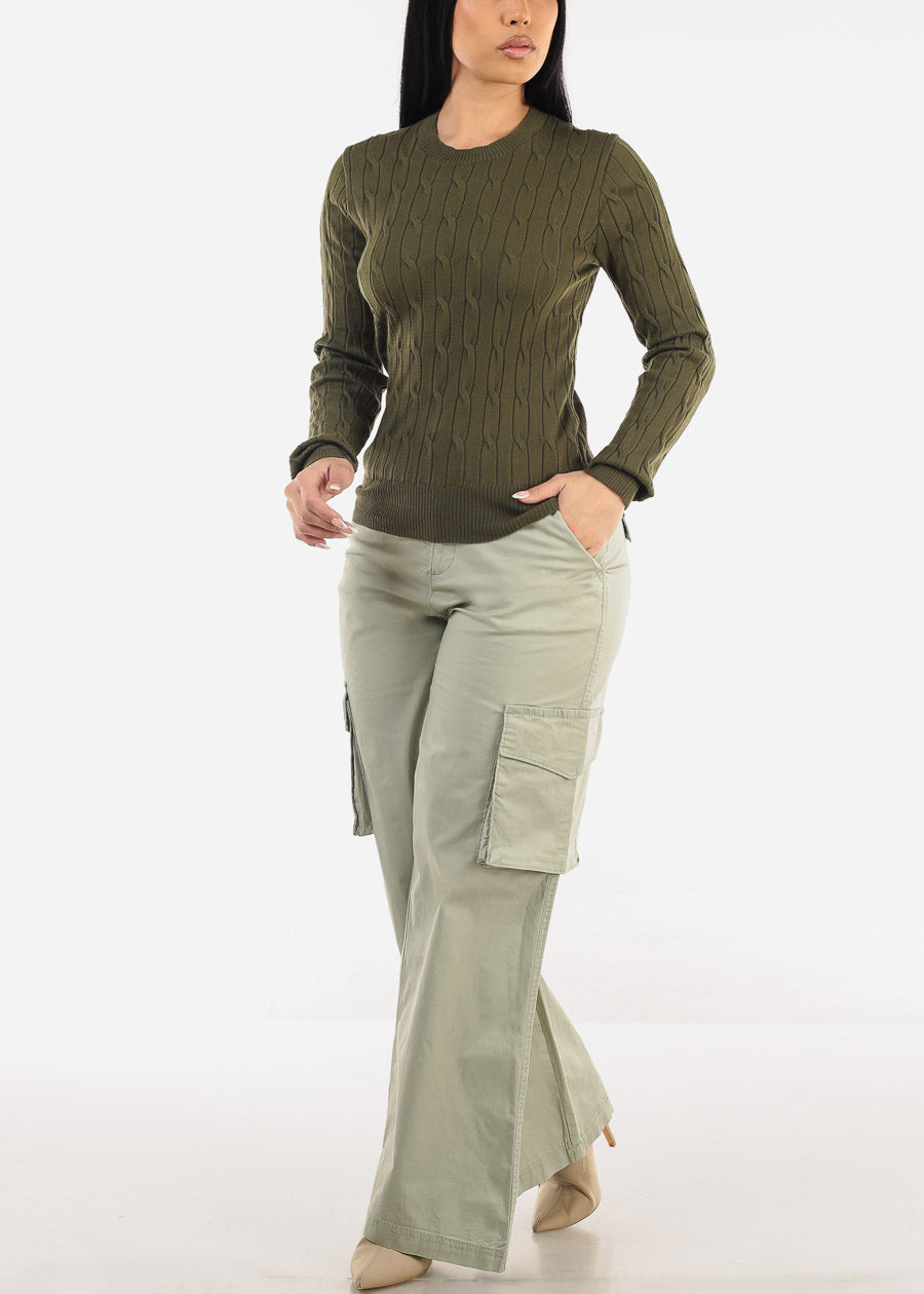 Long Sleeve Crewneck Cable Knit Sweater Olive