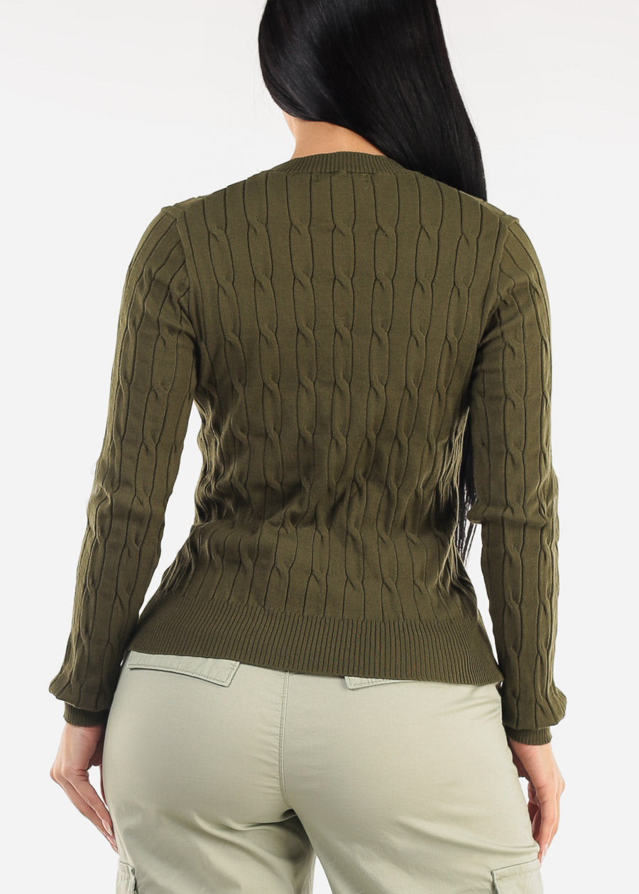 Long Sleeve Crewneck Cable Knit Sweater Olive