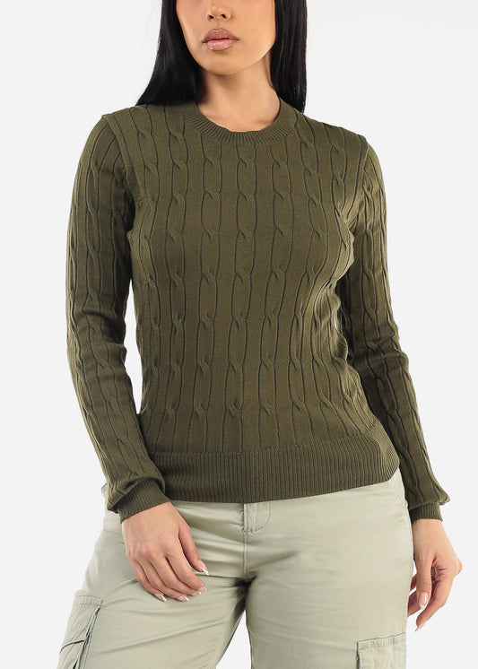 Long Sleeve Crewneck Cable Knit Sweater Olive