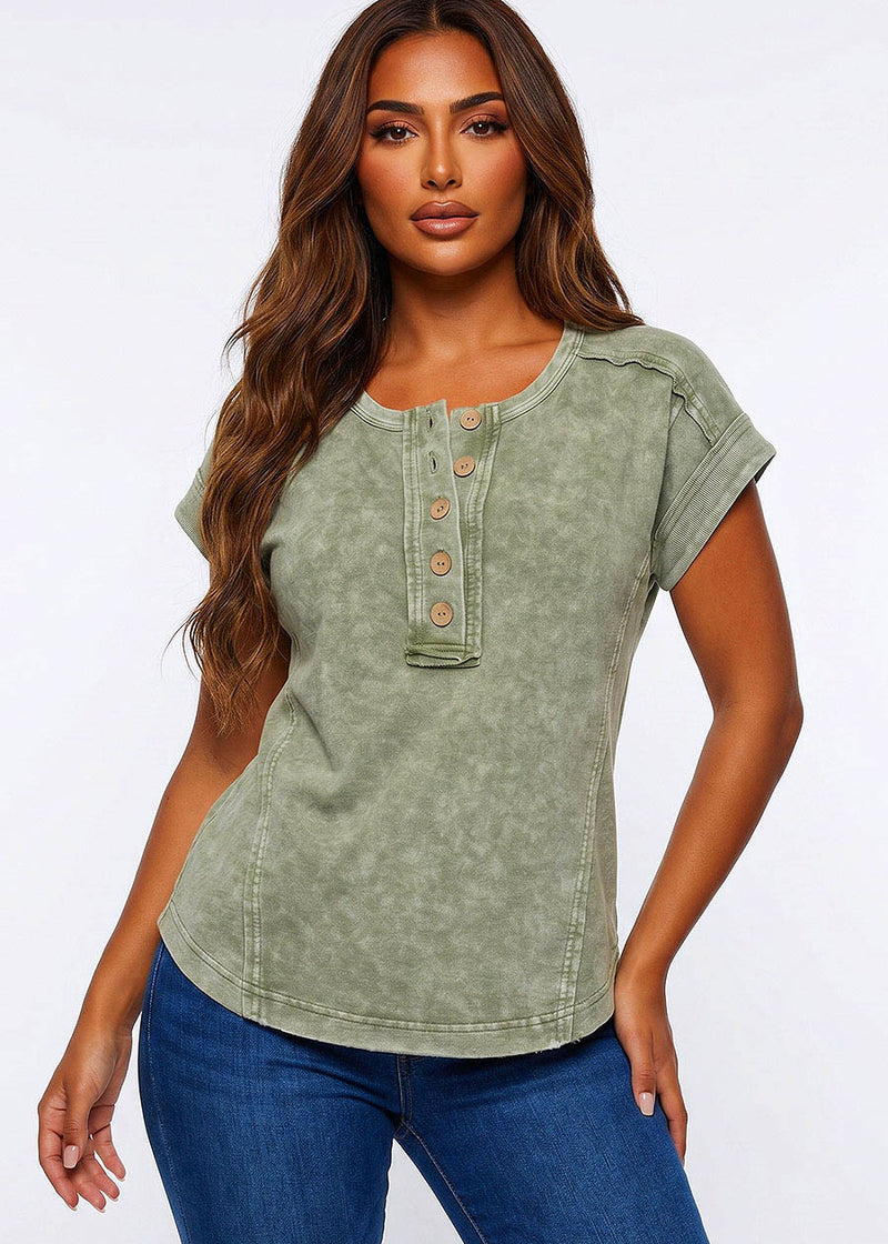 Henley Short Sleeve Mineral Wash Top Olive