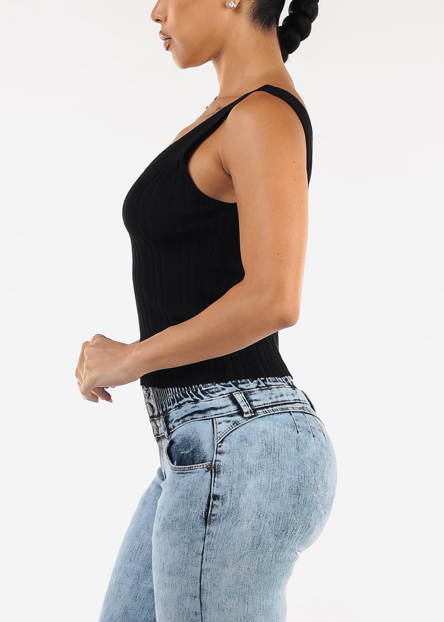 Sleeveless Vneck Knitted Stretch Top Black