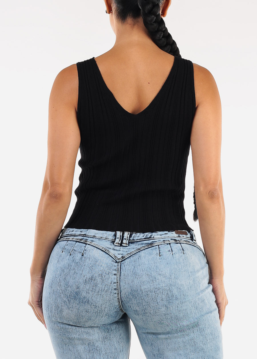 Sleeveless Vneck Knitted Stretch Top Black