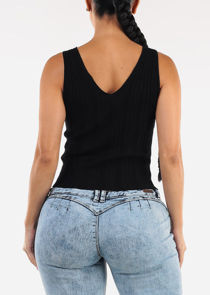 Sleeveless Vneck Knitted Stretch Top Black