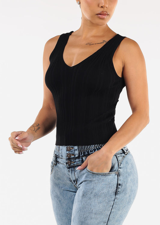 Sleeveless Vneck Knitted Stretch Top Black