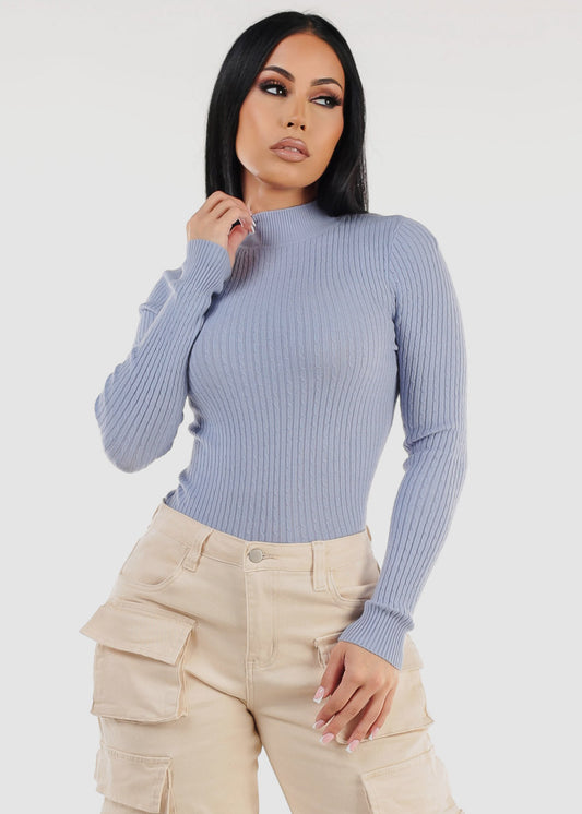 Long Sleeve Mock Neck Ribbed Sweater Light Blue