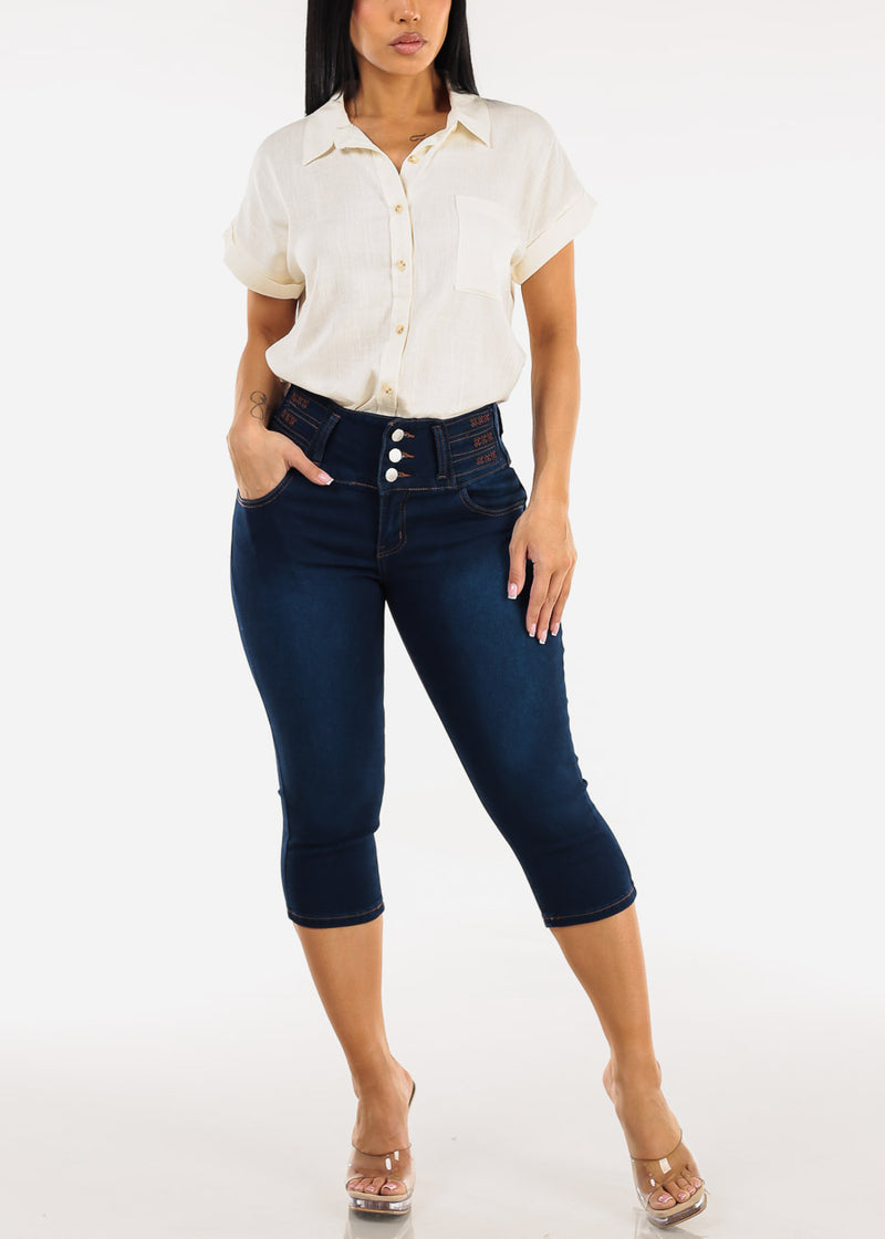 Short Sleeve Button Down Collared Blouse Off White