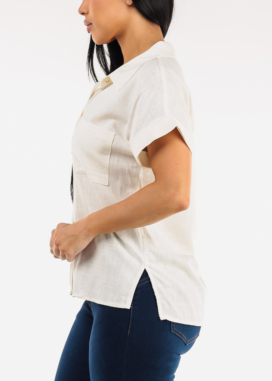 Short Sleeve Button Down Collared Blouse Off White
