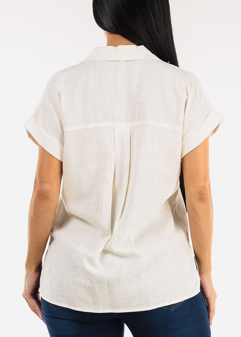 Short Sleeve Button Down Collared Blouse Off White