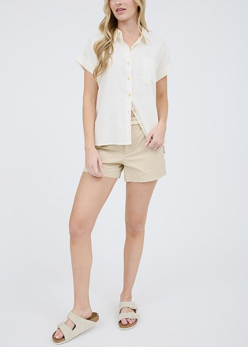 Short Sleeve Button Down Collared Blouse Off White