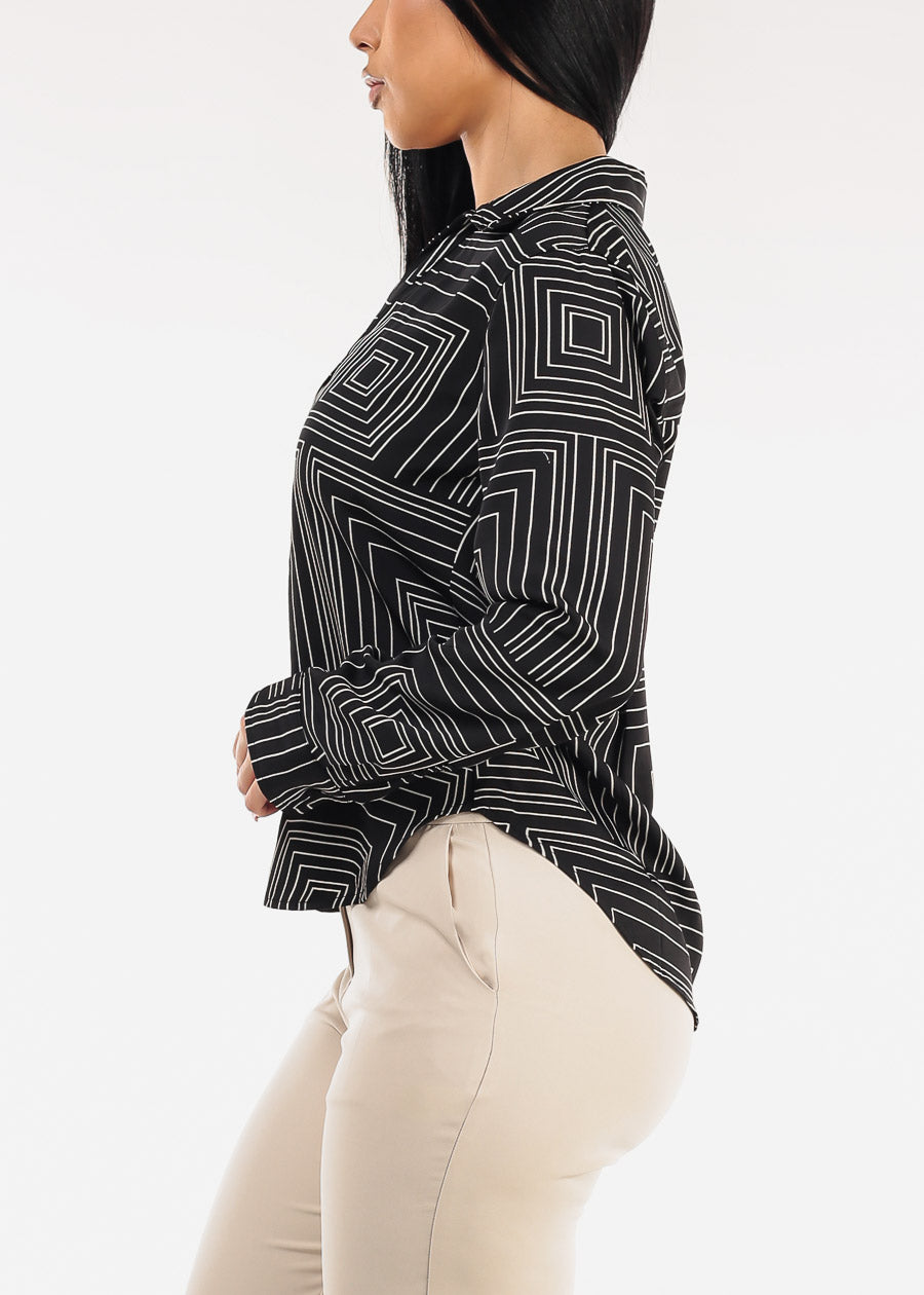 Black Long Sleeve Button Up Printed Collared Blouse
