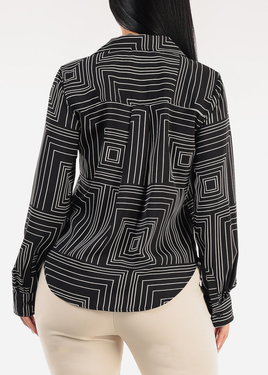 Black Long Sleeve Button Up Printed Collared Blouse
