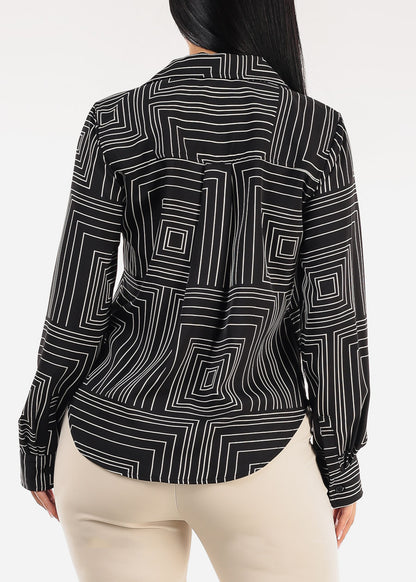Black Long Sleeve Button Up Printed Collared Blouse