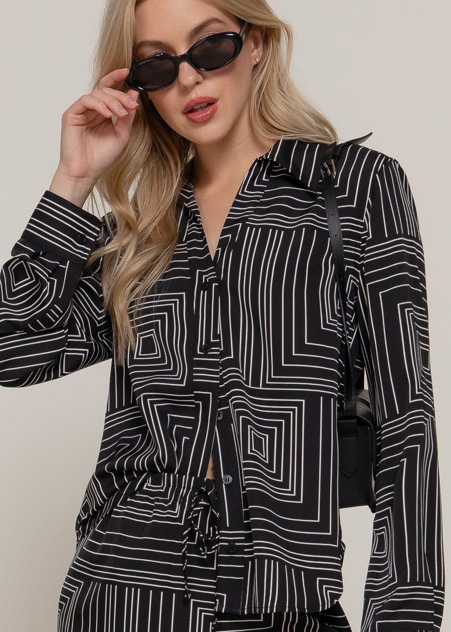 Black Long Sleeve Button Up Printed Collared Blouse