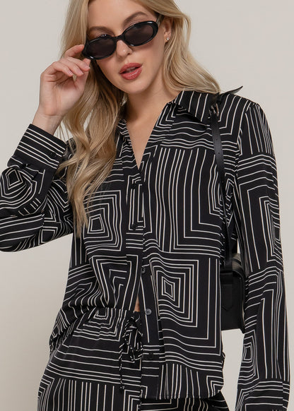Black Long Sleeve Button Up Printed Collared Blouse