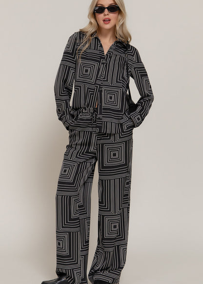 Black Long Sleeve Button Up Printed Collared Blouse